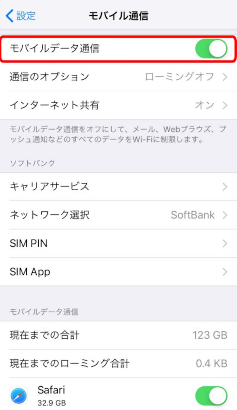 海外でiPhoneを使うときの設定画面