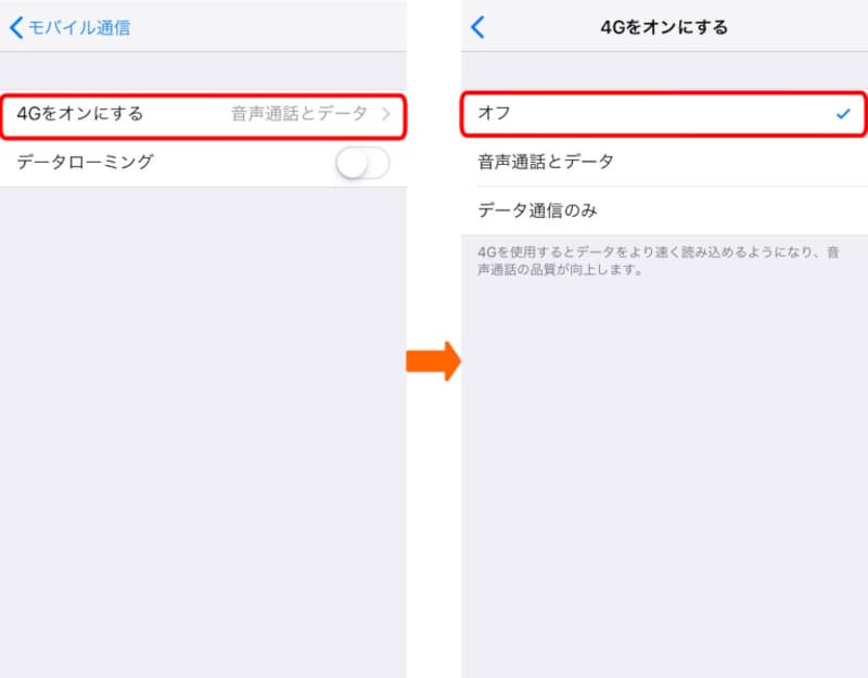 海外でiPhoneを使うときの設定画面