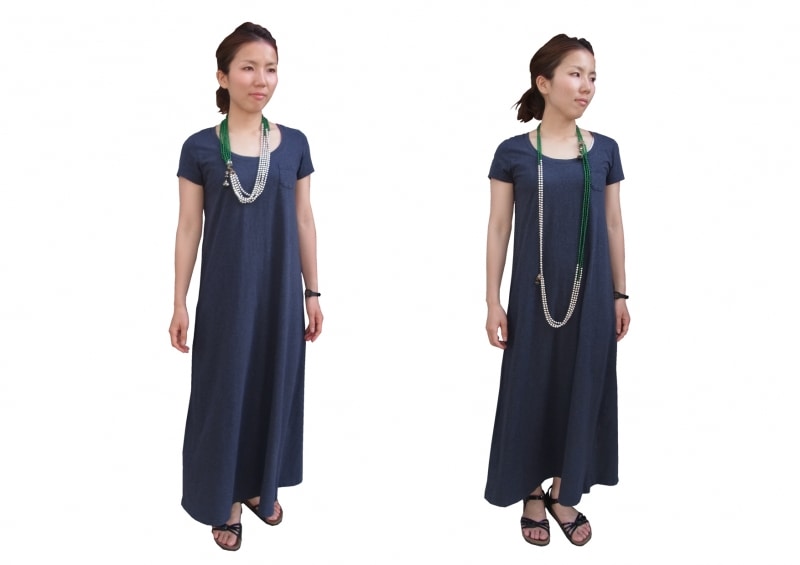 ロングサイズのネックレスも長さをアレンジしてコーディネイト