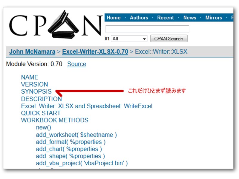 CPANモジュール詳細ドキュメント SYNOPSIS パート