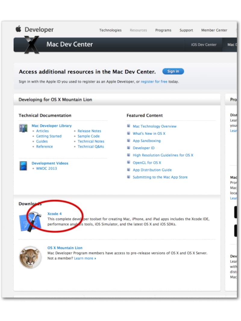 Apple 「Mac Dev Center」トップページ