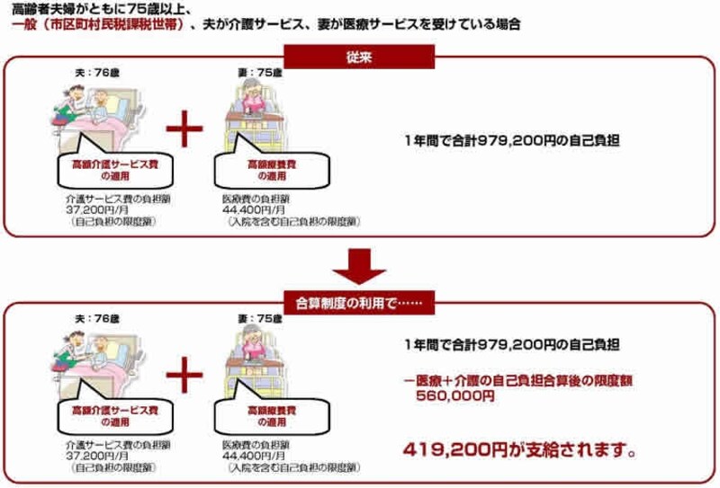 高齢者夫婦がともに75歳以上、一般（市区町村民税課税世帯）、夫が介護サービス、妻が医療サービスを受けている場合