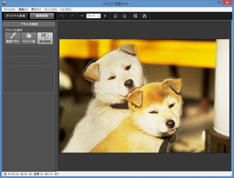 編集ツールが起動するので、［ブラシの選択］で［切り抜き］を選択し、切り抜きたい範囲をドラッグで指定します
