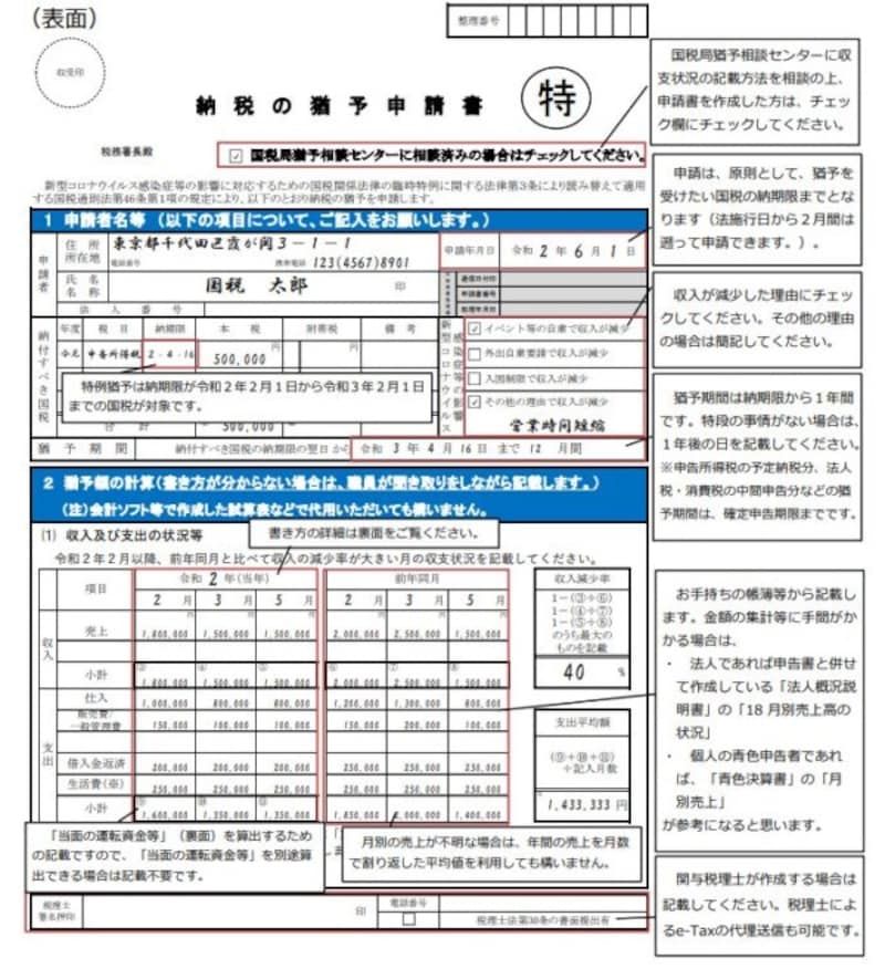 納税の猶予の特例猶予の記載方法　（出典：国税庁資料より）