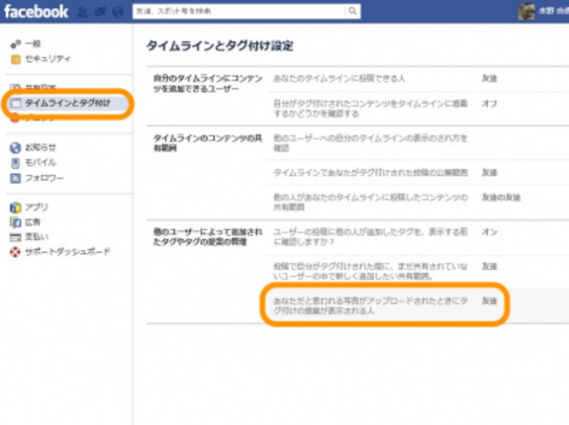 ［タイムラインとタグ付け］を選んで［あなたと思われる写真がアップロードされたときにタグ付けの提案が表示される人］をクリック