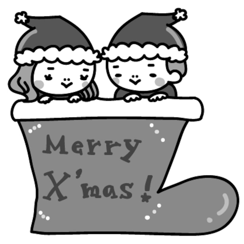 女の子と男の子　クリスマス　イラスト　白黒　かわいい

