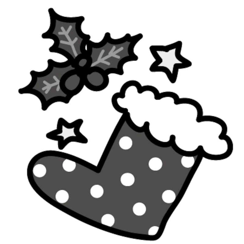 赤い靴下とヒイラギ　クリスマス　イラスト　白黒　かわいい