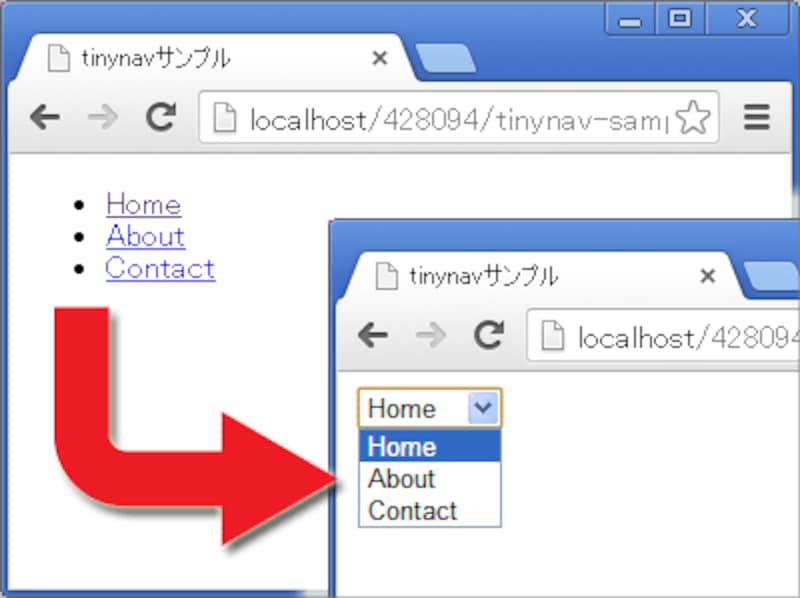 リスト形式のメニューがプルダウンメニューに置き換わる。