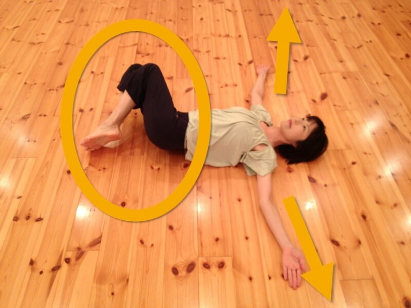 脚を閉じたまま右へと倒します