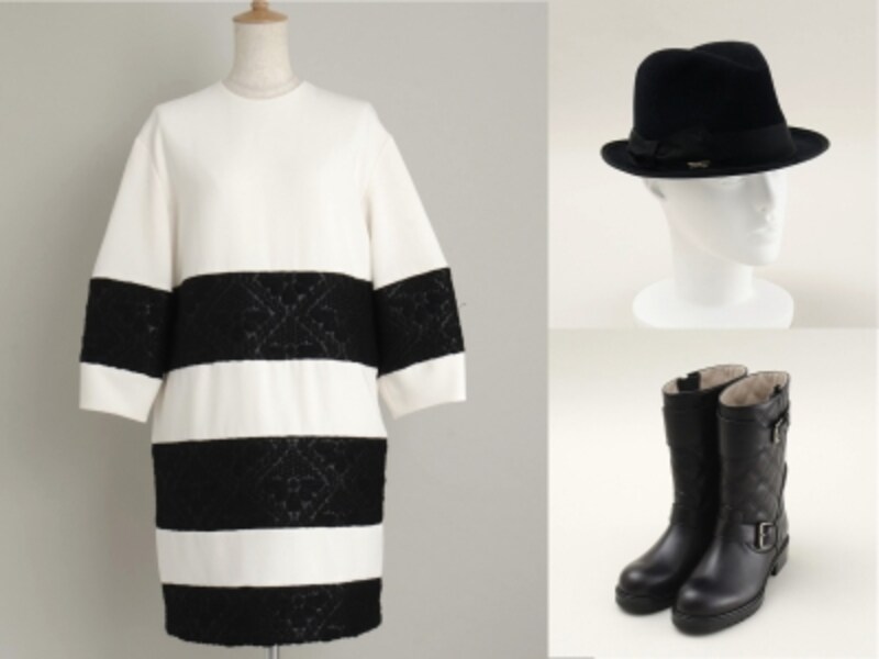 muller of yoshiokubo(ミュラーオブヨシオクボ) ウール刺繍 ボーダー切替 ワンピース(13AW)、Super Duper(スーパードゥパー) ファー フェルト 中折れ ショート ハット ブラック(13AW)、MARC JACOBS(マークジェイコブス) キルティング レザー エンジニア ブーツ(13AW)