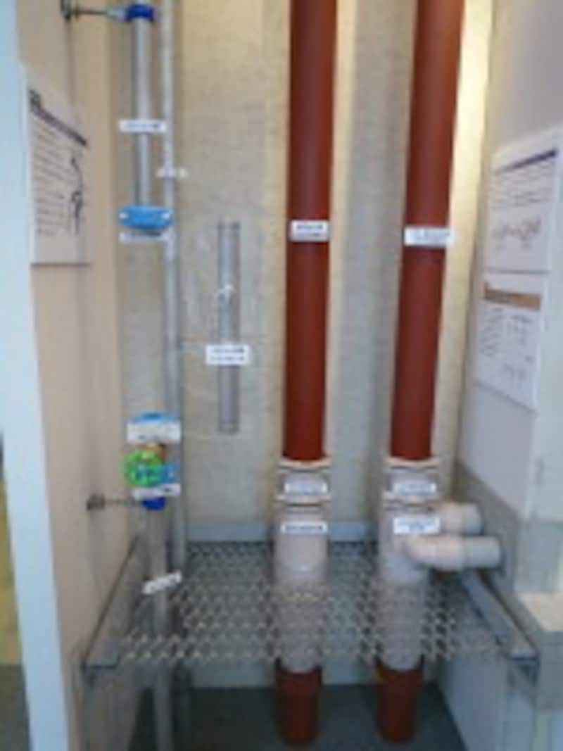 モデルルームに展示されている配管システムの模型。左が給水用ステンレス管