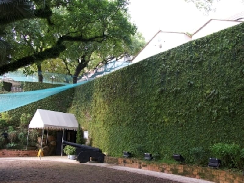 大きな壁の中に小さく開いたホテルエントランス