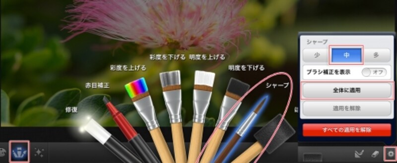 iPhotoの「ブラシ」アイコンをタップして「シャープを選択」。さらに「詳細」をタップして一覧で「中」を選び、「全体に適用」をタップします。
