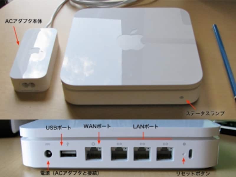 ポート類はギガビット Ethernet WANポート1基、ギガビット Ethernet LANポート3基、USB2.0ポート1基が内蔵されています。 Ethernetケーブルを接続して無線LAN機能を持たない他のパソコン等をインターネットに接続できます(クリックで拡大)