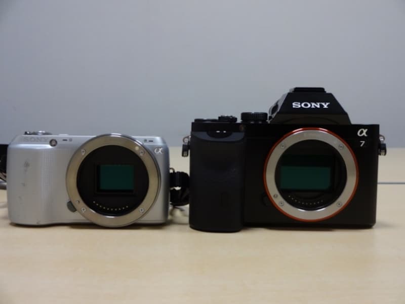 ソニーNEX-C3と比較写真。APS-Cセンサーとフルサイズセンサーの大きさの違いがわかります。