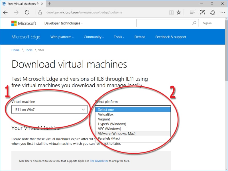 1.動かしたいブラウザとゲストOSを選択/2.仮想環境プラットフォームを選択