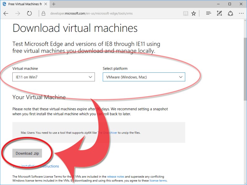 選択した仮想マシンイメージをダウンロードできる「Download .zip」ボタンが現れる