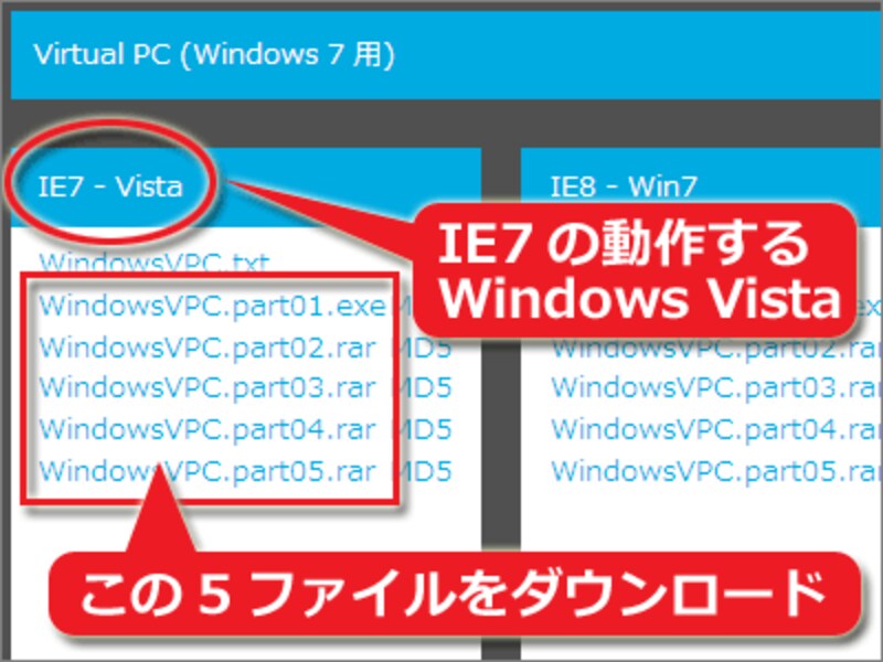 使いたいIEのバージョンとOSの組み合わせを選び、その枠内の全ファイルをダウンロードする