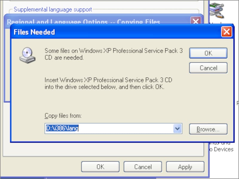 Windows XPのCD-ROMの場所を指定