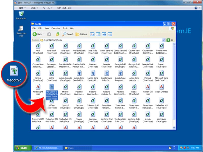 Fontsフォルダへ「msgothic.ttc」ファイルを入れる