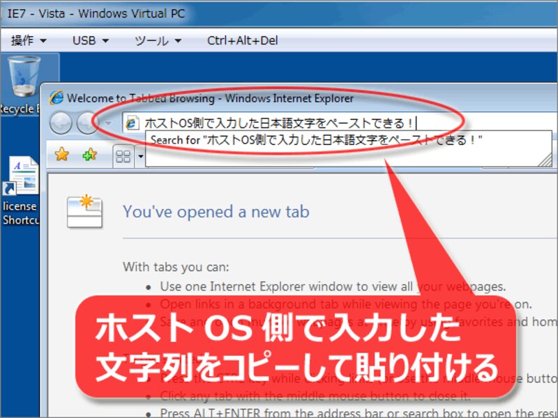ホストOS側からコピーし、ゲストOS側へ貼り付け