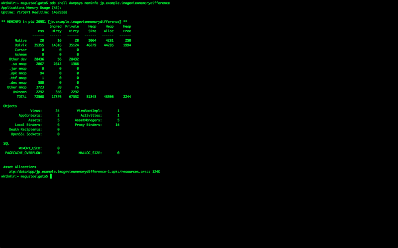 adbでアプリのメモリの使用量を確認している様子。