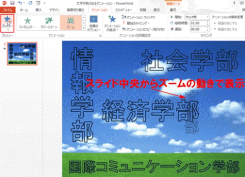 プレビューすると、「文学部」の文字がスライド中央の奥からじわっと表示されることを確認できる