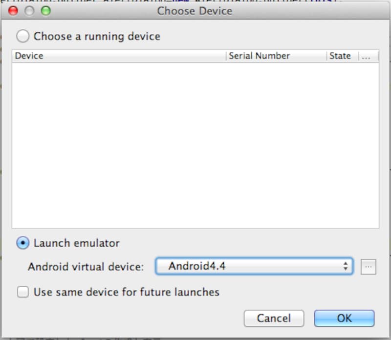 デバイスを選択する画面。AVDがない場合は…のボタンから新規に作成する