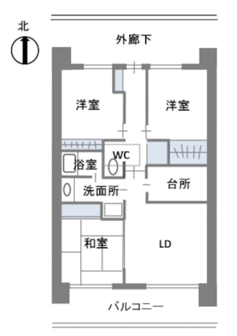 【図2】田の字プランの例。外廊下側に個室が2室、バルコニー側にリビングダイニングと和室が配されている。