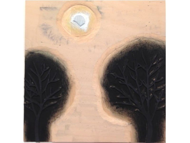 鈴木敦子《窓の灯》版木(月と木の部分)