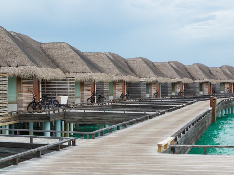 透明度の高いモルディブの海は桟橋の上からでも底まで見通せる