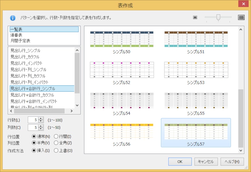 [罫線]→[表作成]→[表作成]を選択すると開くダイアログボックス