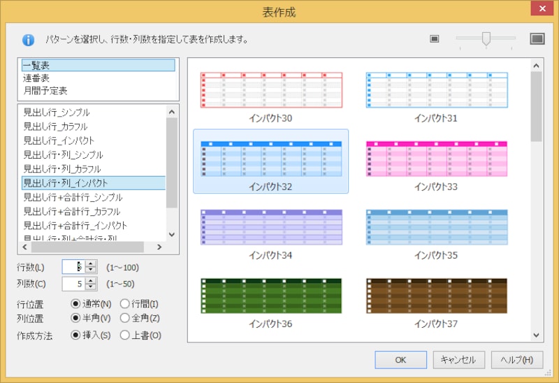 いろいろな表が用意されています