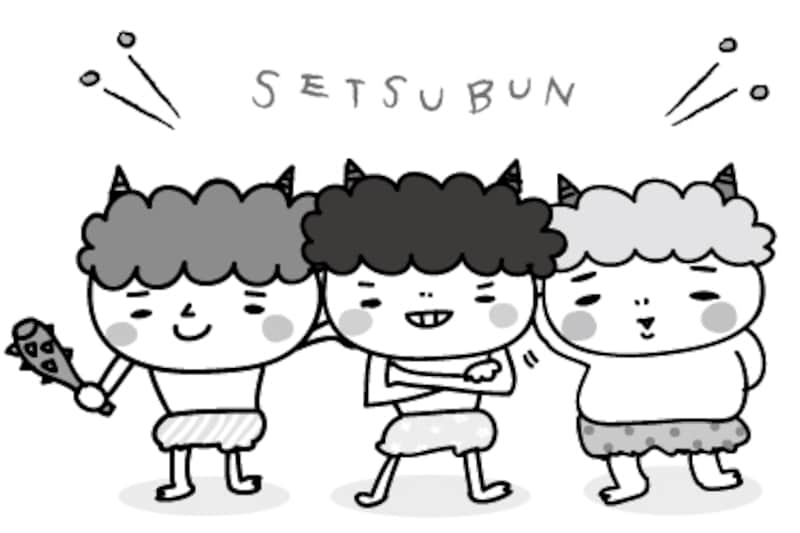 鬼たち　節分　イラスト　白黒　かわいい