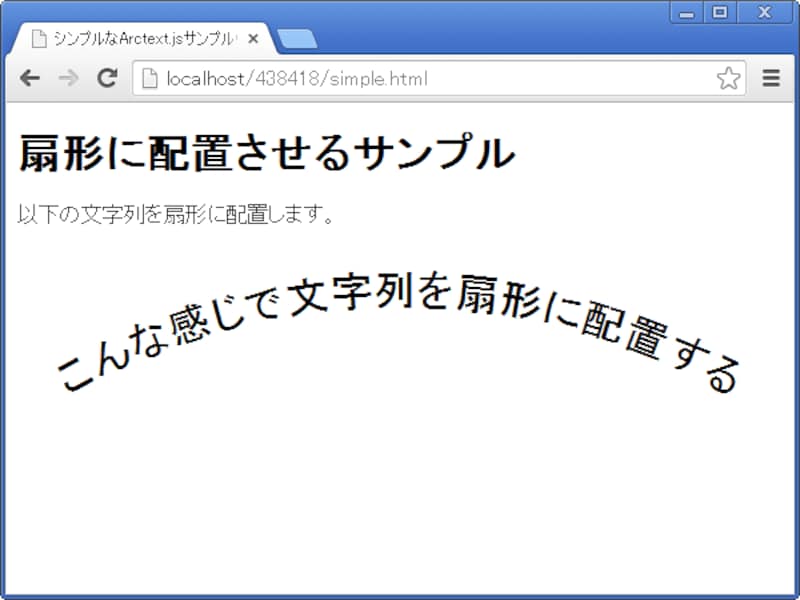 アーチ(扇形)の指定「radius:500」での表示例