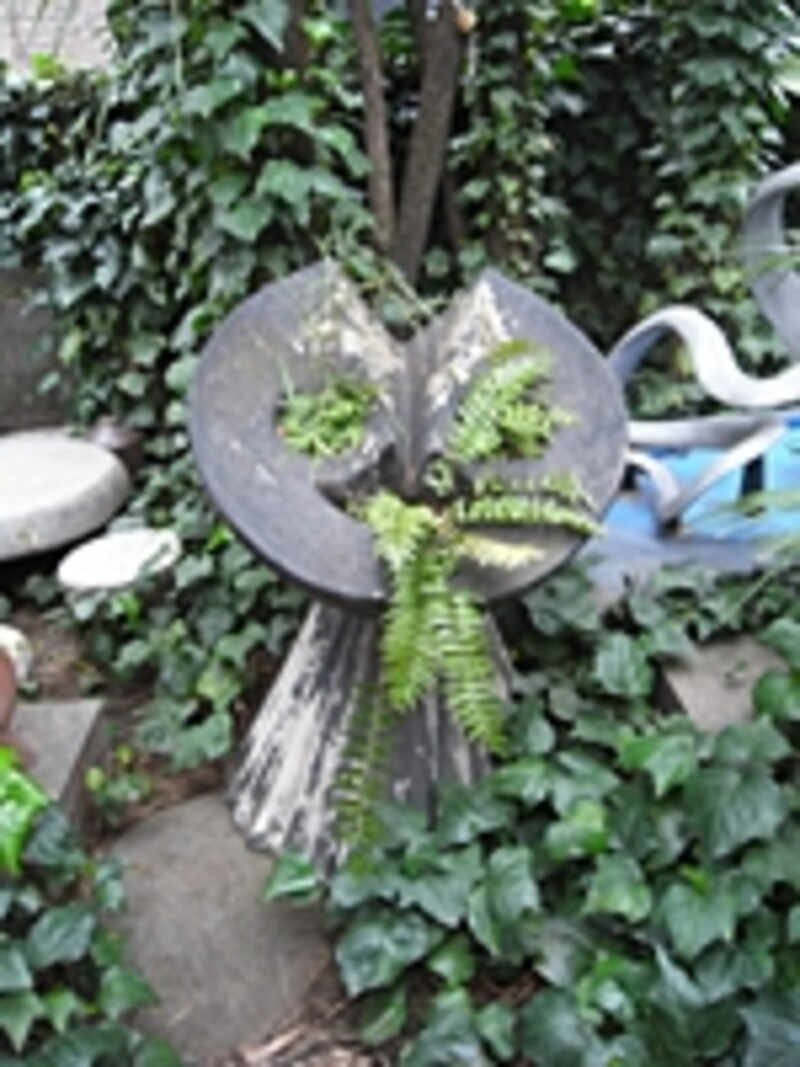 無造作に生える草と調和する太郎の作品