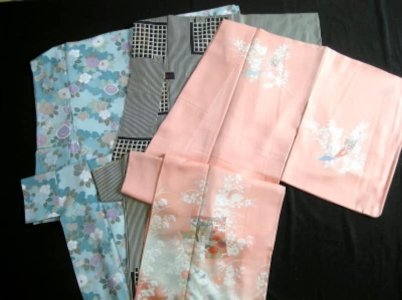 左から順に小紋、お召し、付け下げ