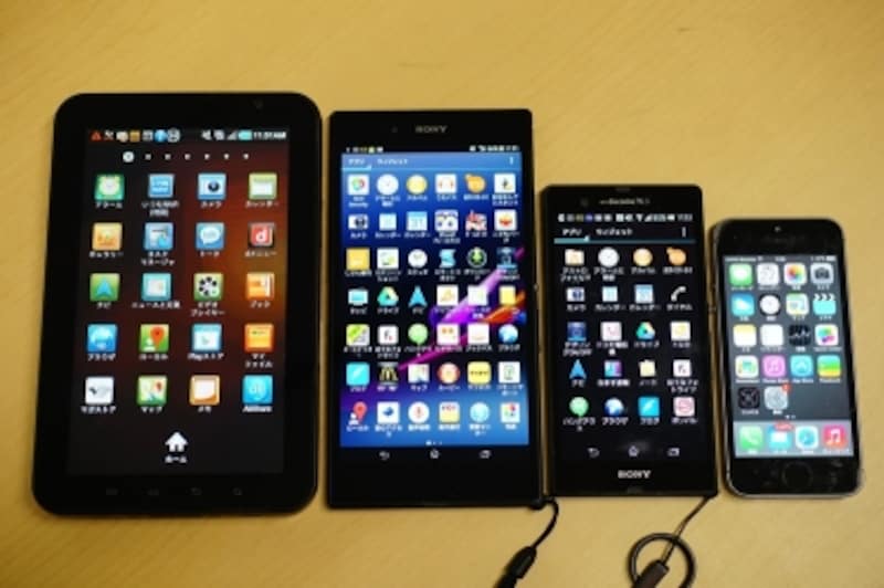 左から、GALAXY Tab、Xperia Z Ultra、Xperia Z、iPhone 5s