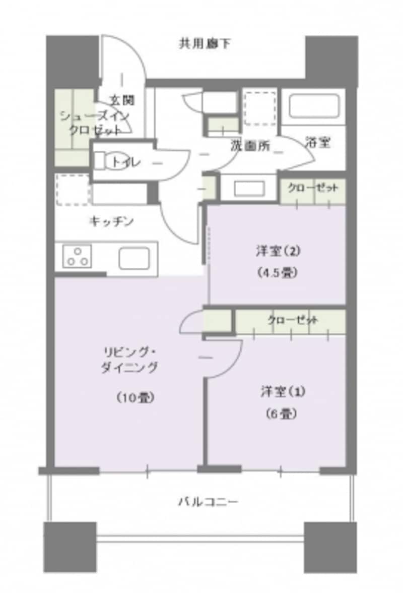 【図2】中廊下型マンションの間取り例。専用床面積60ｍ2、2LDK。