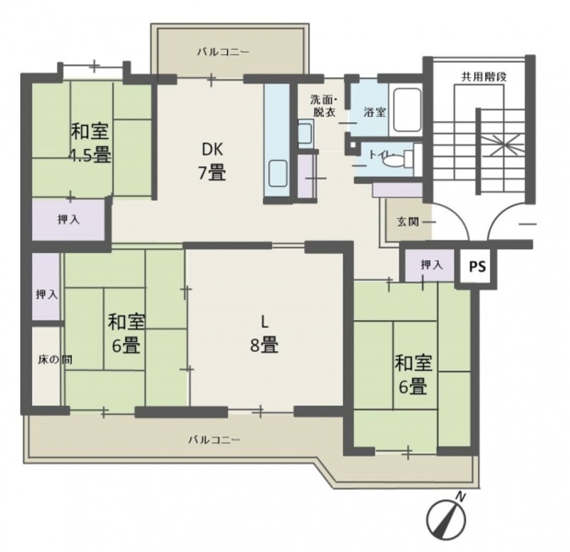 【図2】階段室型集合住宅の間取り例。3LDK、75ｍ2。ファミリー向け。