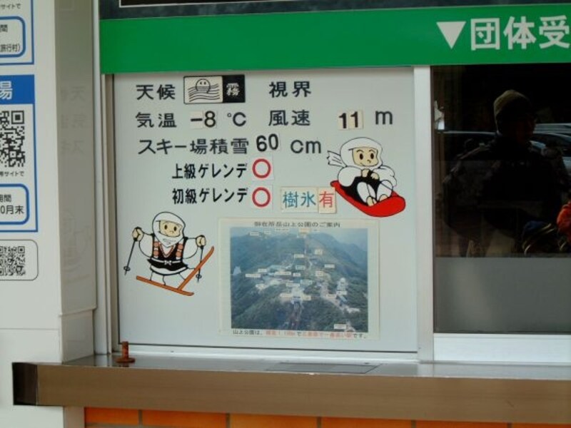 ロープウェイ 湯の山温泉駅での御在所岳の状況掲示