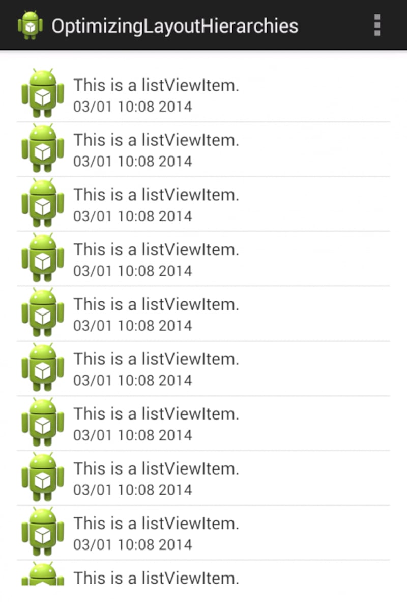 ListViewを表示するアプリ。タイムラインを表示するようなレイアウト構造になっている
