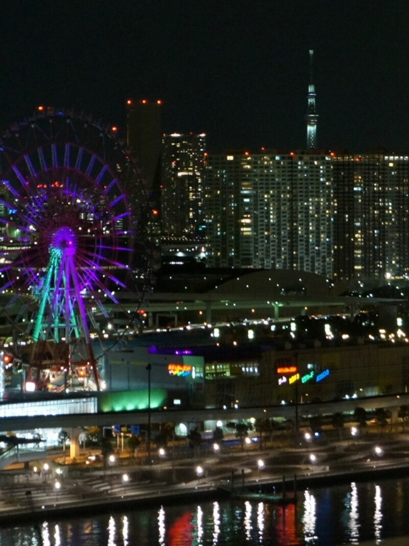 大観覧車と東京スカイツリー、水辺