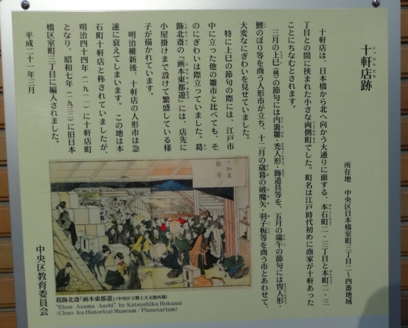 江戸時代の初め、桃の節句・端午の節句に人形を売る仮の店が十軒あったことから、この名があるともいわれている