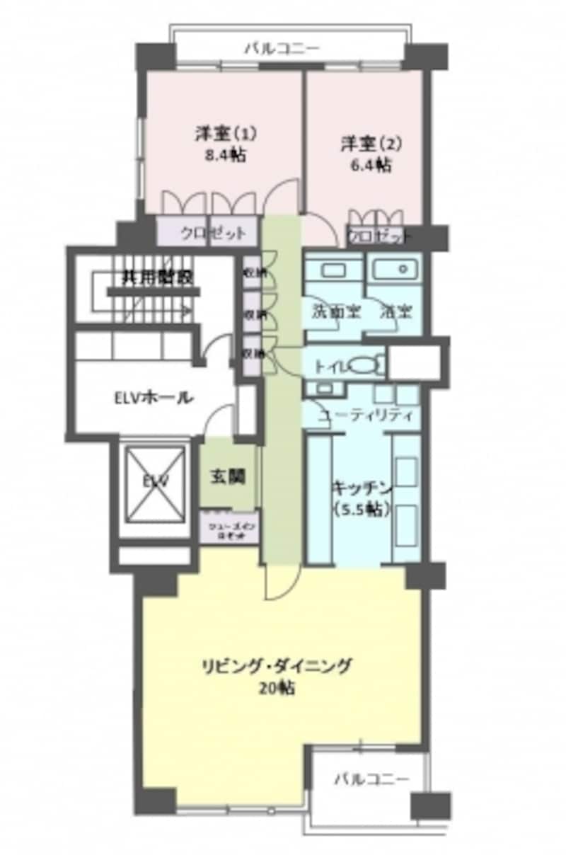 【図2】2戸1型マンションの間取り図の例。玄関が中央にある。