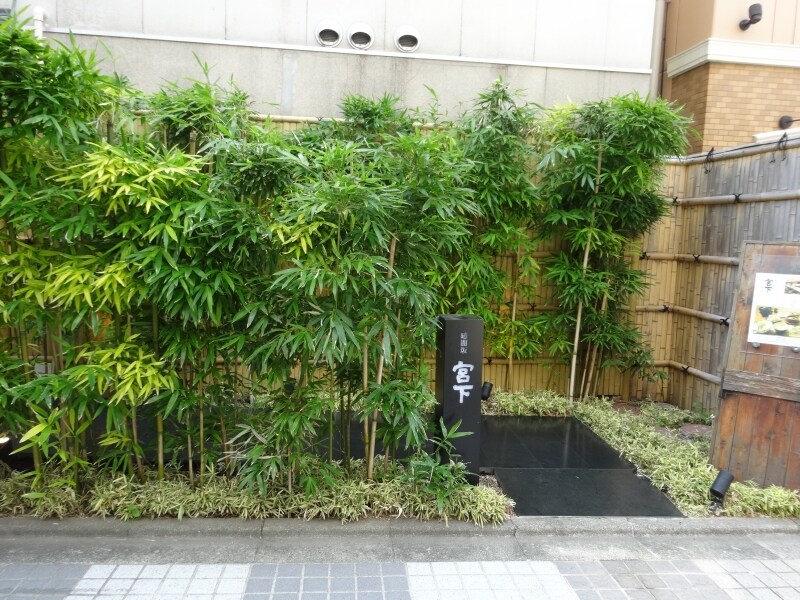 竹で飾られたエントランスはなかなかの趣