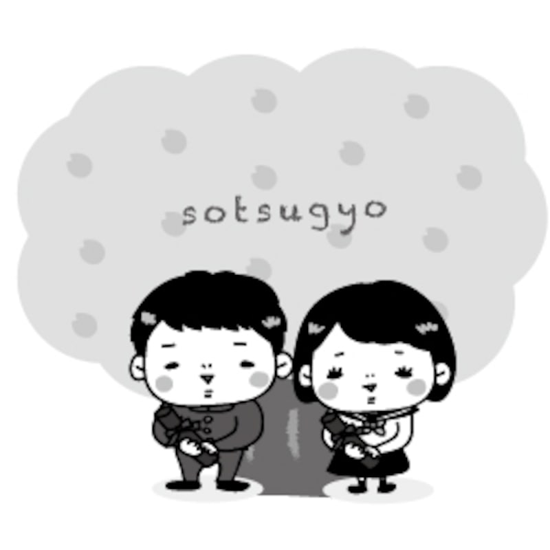 【モノクロ】桜の木の下の学ランとセーラー服の学生カップルです。