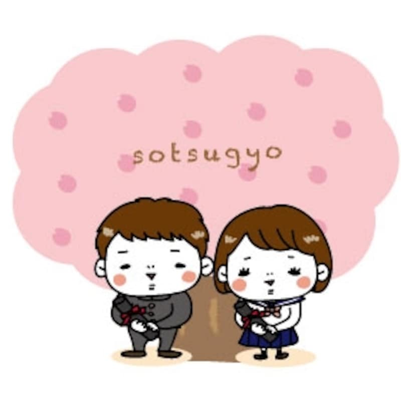 【カラー】桜の木の下の学ランとセーラー服の学生カップルです。