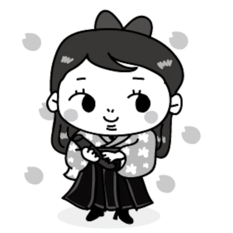 袴姿の女の子　卒業　イラスト　桜　白黒　かわいい

