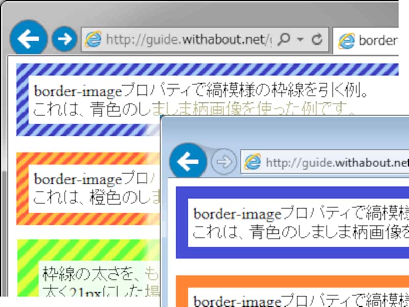 border-imageはIE11でも使える(左)、非対応のIE10でもborderプロパティによる枠線は引かれる(右)